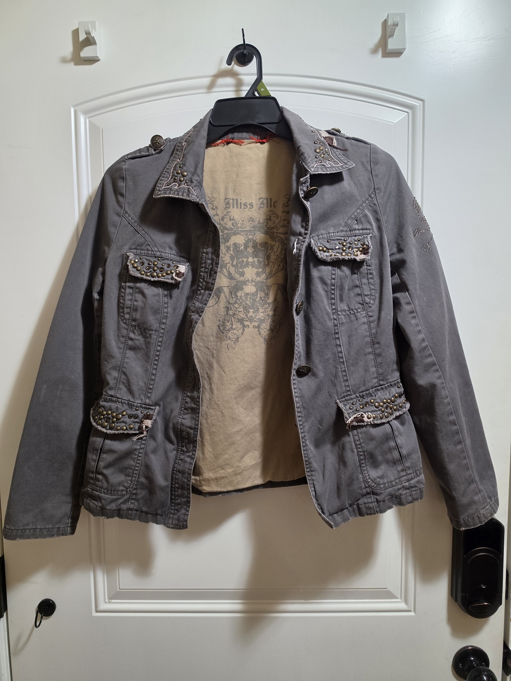 Miss Me Charcoal Grey Studded Military Utility Cargo Jacket Size Large